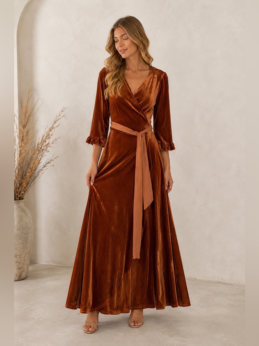 Dainty Jewells Rust Velvet Wrap Maxi Dress Modest Size Small
